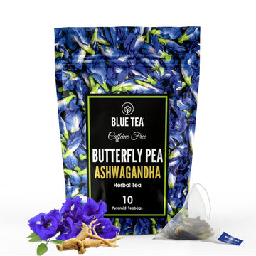 Blue Tea - Butterfly Pea Flower Tea - Ashwagandha - 10 Count - Plant Based Tea Bag | Detox Tea | Ayurvedic Blend - Caffeine Free - Flower Based - Vegan - Non-Gmo - No Additives | Ziplock Pack