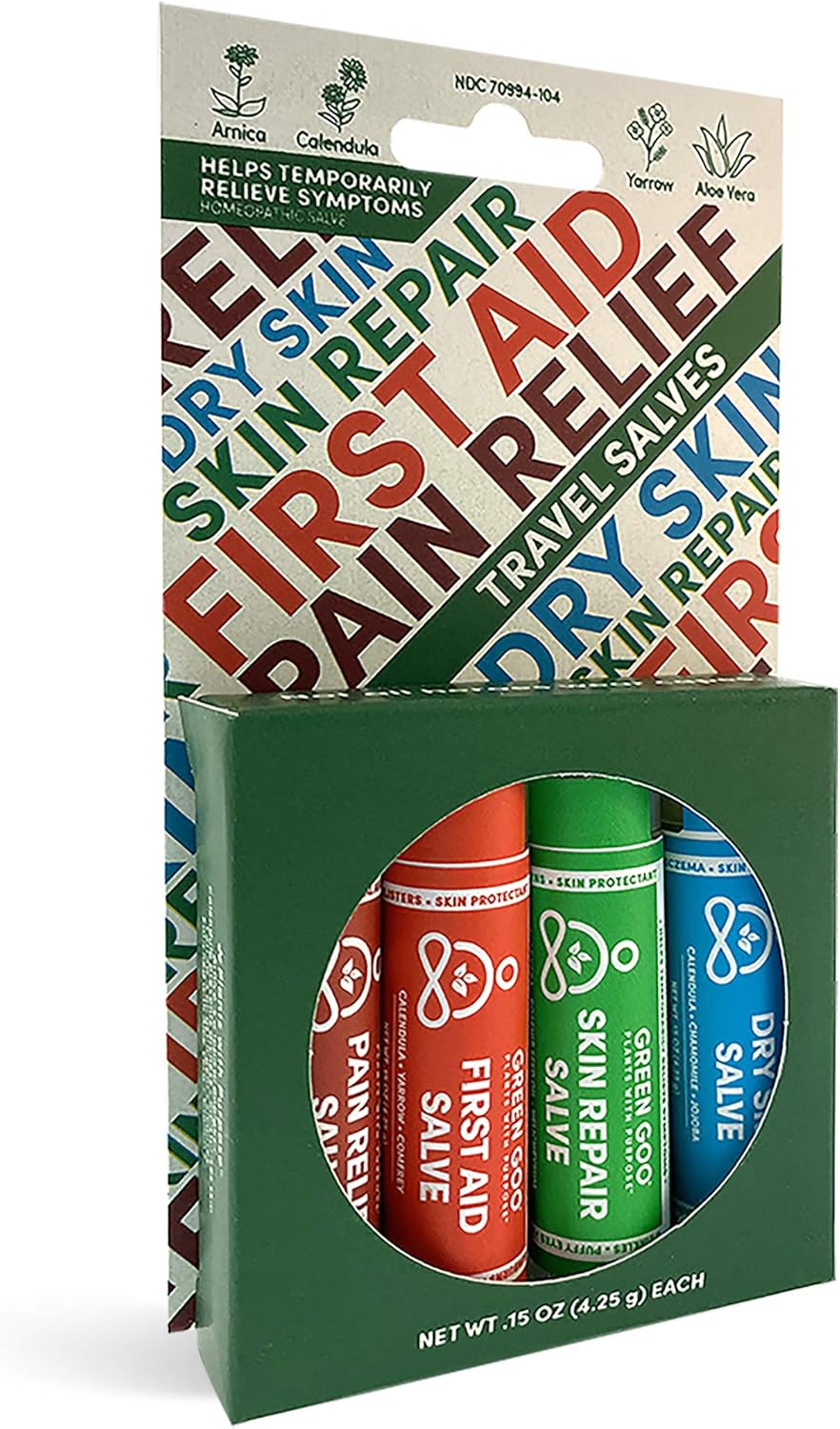 Green Goo Everyday Essential Travel Salves Set, All-Natural Dry Skin Salve, Skin Repair Salve, First Aid Salve & Pain Relief Salve, .15 Oz (4 Tubes)