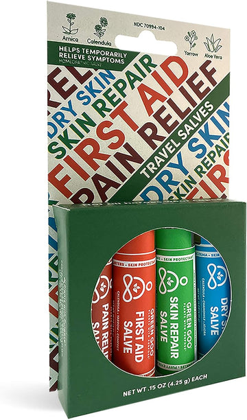 Green Goo Everyday Essential Travel Salves Set, All-Natural Dry Skin Salve, Skin Repair Salve, First Aid Salve & Pain Relief Salve, .15 Oz (4 Tubes)