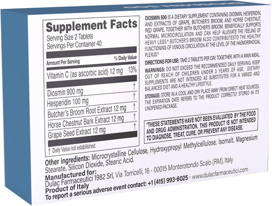 Dulàc - Diosmin 500 Hemorrhoid And Leg Vein Supplement 80 Tablets, Diosmin, Horse Chestnut Extract, Butchers Broom, Hesperidin For Circulation, Made In Italy