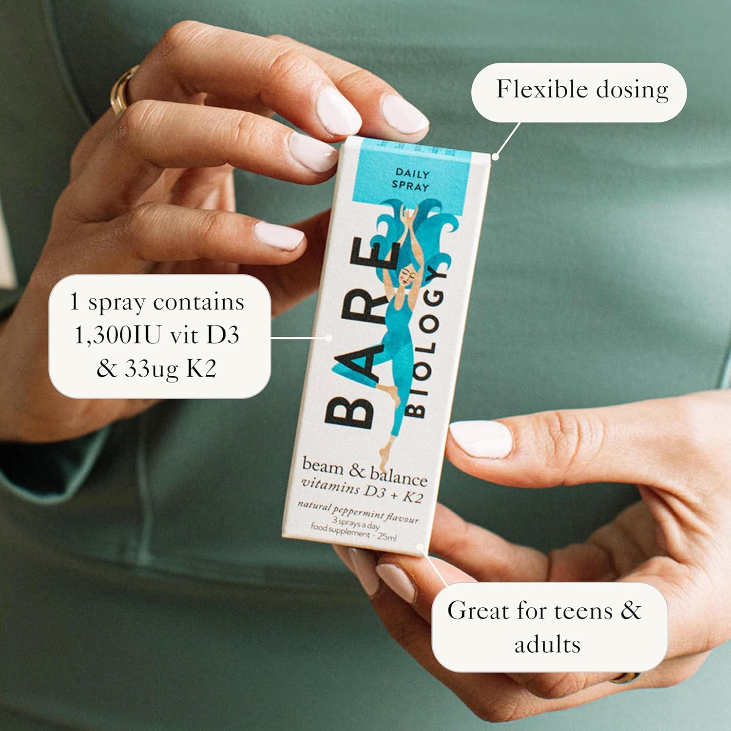 Bare Biology Vitamin D3 4000IU + K2 100ug Daily Oral Vitamin D Spray - Beam & Balance Natural Peppermint Flavour (60 Day Supply - 25ml) Vegan UK Vitamin d3 & k2. Supports Immune Health, Bones & Teeth : Amazon.co.uk: Health & Personal Care