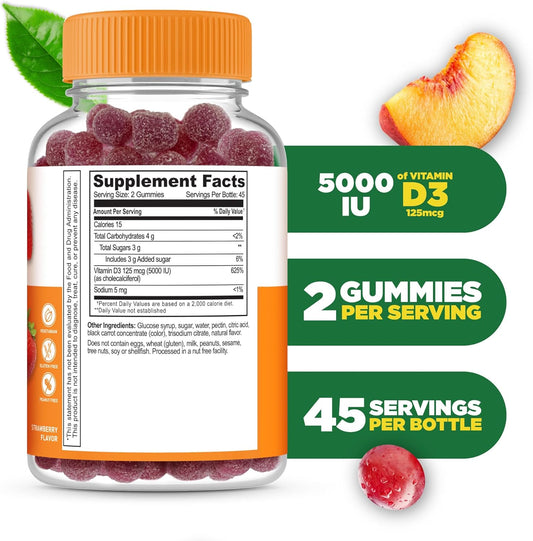 Vitamin D Gummies For Adults | 5000 Iu | Great Tasting D3 Vitamin | Immune Support And Healthy Bones Vitamin D Supplement For Men, Women | 90 Gummies | Lifeable