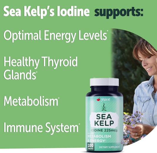 Thyroid Support For Women, Iodine Supplements For Thyroid, 225Mg – Natural Metabolism & Energy, Organic Seaweed From North Atlantic Ocean, Plant-Based, Non-Gmo - 100 Tablets