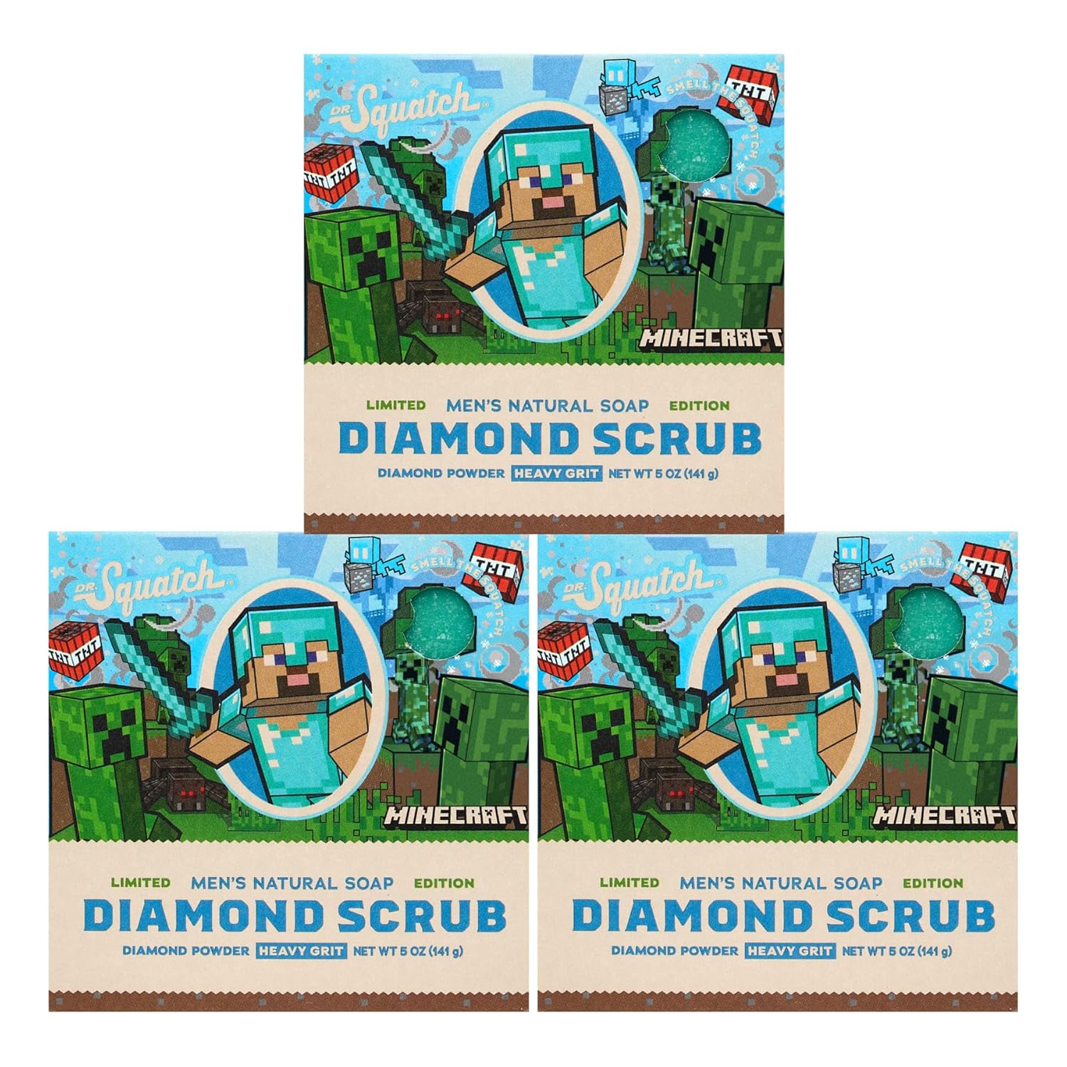 Dr. Squatch Minecraft Collection - Natural 3 Soap Gift Set - Cold Process Soap With No Harsh Chemicals - Smells Like Quest For Survival - Diamond Scrub