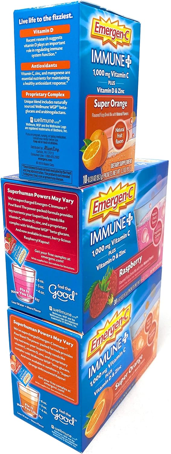 Emergen-C Immune+ Dietary Supplement Fizzy Drink Mix Powder, Super Orange and Raspberry : Health & Household