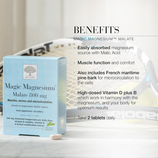 New Nordic Magic Magnesium Malate - 800 Mg Extra Strength - Vitamin B Complex & Vitamin D - Muscle & Sleep Support For Women & Men - 60 Tablets