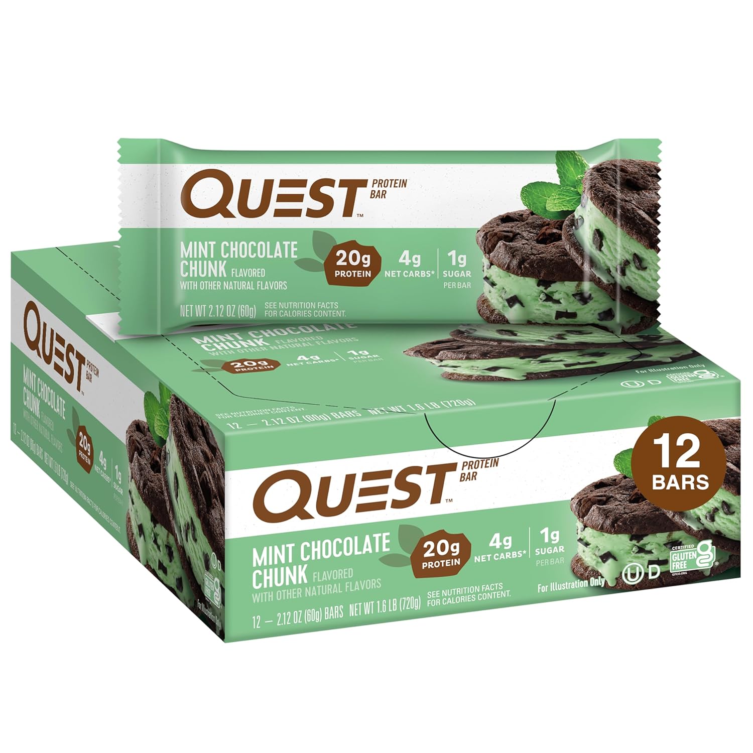 Quest Nutrition Mint Chocolate Chunk Protein Bars, 20G Protein, 1G Sugar, 4G Net Carb, Gluten Free, Keto Friendly, 12 Count