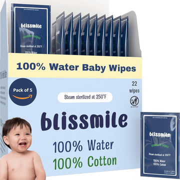 100% Water Baby Wipes Unscented - Fragrance Free & Hypoallergenic - Pure Cotton Baby Wipes Sensitive Skin - Individually Wrapped Wet Wipes Travel Size - Newborn Essentials Must Haves - 110 Count