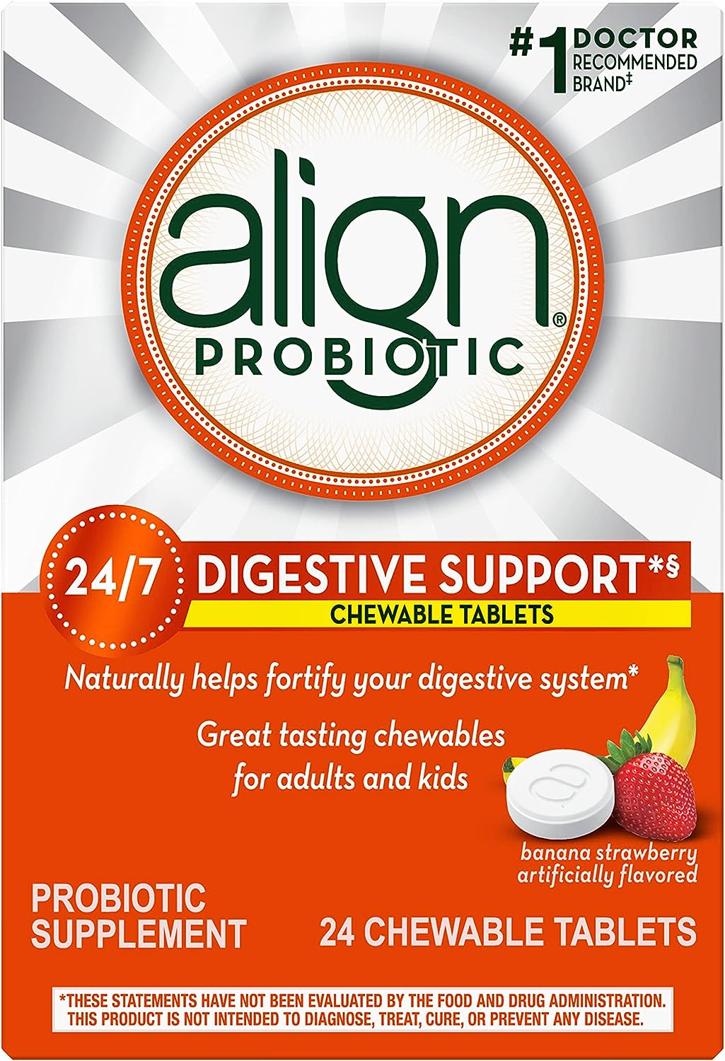 Align Probiotic, Chewable Probiotic Tablets for Women and Men, Fortify Your Digestive System 24/7 with Healthy Bacteria, #1 Recommended Probiotic by Doctors and Gastroenterologists, 24 Tablets