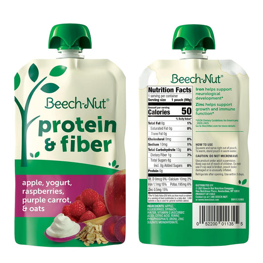 Beech-Nut Baby & Toddler Food Pouches With Protein And Fiber, Apple Yogurt Raspberry Purple Carrot & Oat Puree, 3.5 Oz (18 Pack)