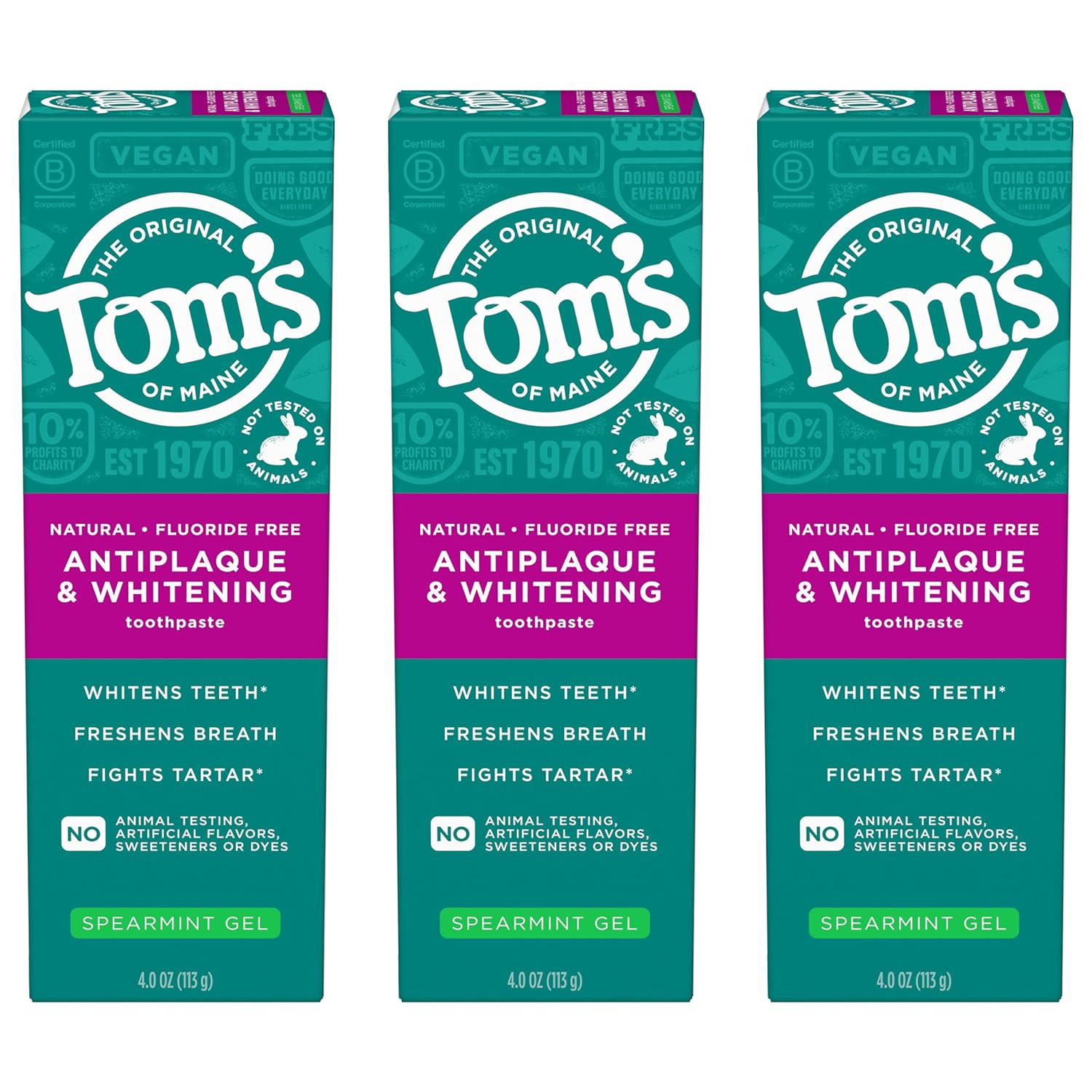 Tom's of Maine Antiplaque and Whitening Fluoride Free Natural Toothpaste Gel, Vegan, Spearmint, 4 Ounces (3 Pack)