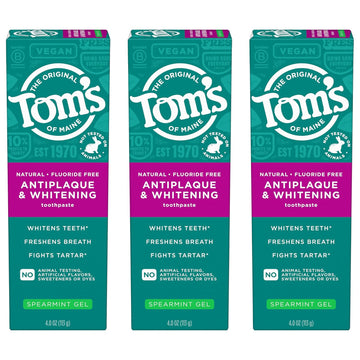 Tom'S Of Maine Antiplaque And Whitening Fluoride Free Natural Toothpaste Gel, Vegan, Spearmint, 4 Ounces (3 Pack)