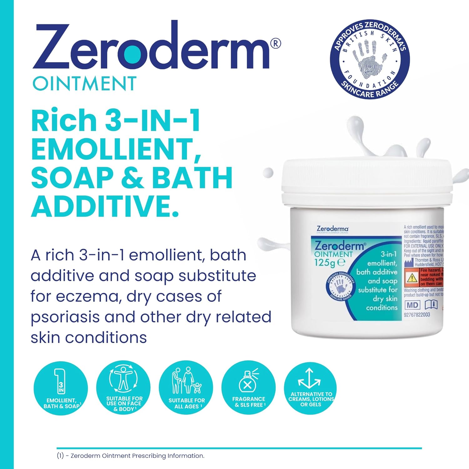 Zeroderma Zeroderm Ointment, Rich 3-In-1 Emollient, Soap Substitute & Bath Additive, For Dry Skin Conditions Such As Eczema, Ichthyosis & Other Dry Skin Conditions. 125G
