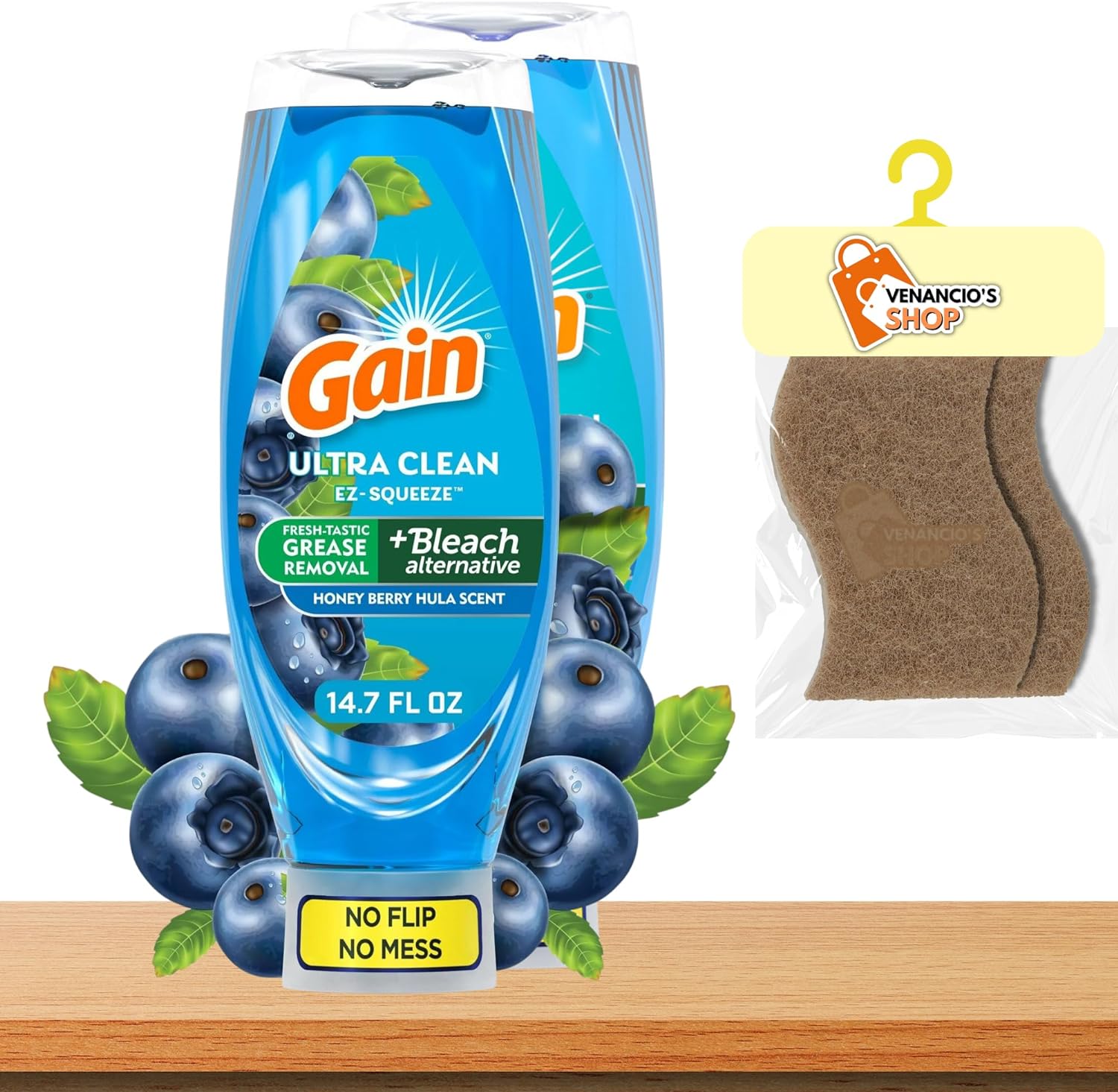 Gain EZ-Squeeze Dishwashing Liquid Dish Soap + Includes Venancio’sfridge Sticker and Cleaning Sponge (Honeyberry Hula 14.7 fl oz - Pack of 2)
