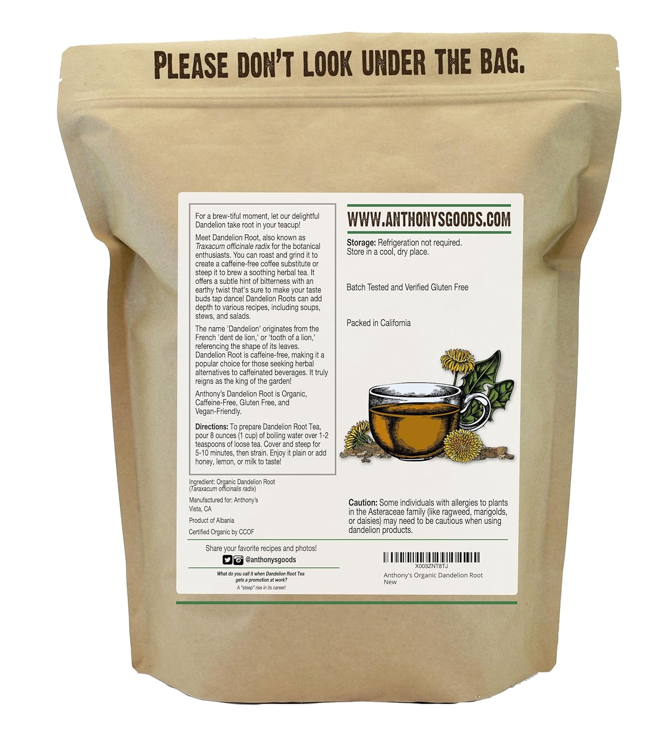 Anthony's Organic Dandelion Root, 1lb, Gluten Free, Non GMO, Cut & Sifted