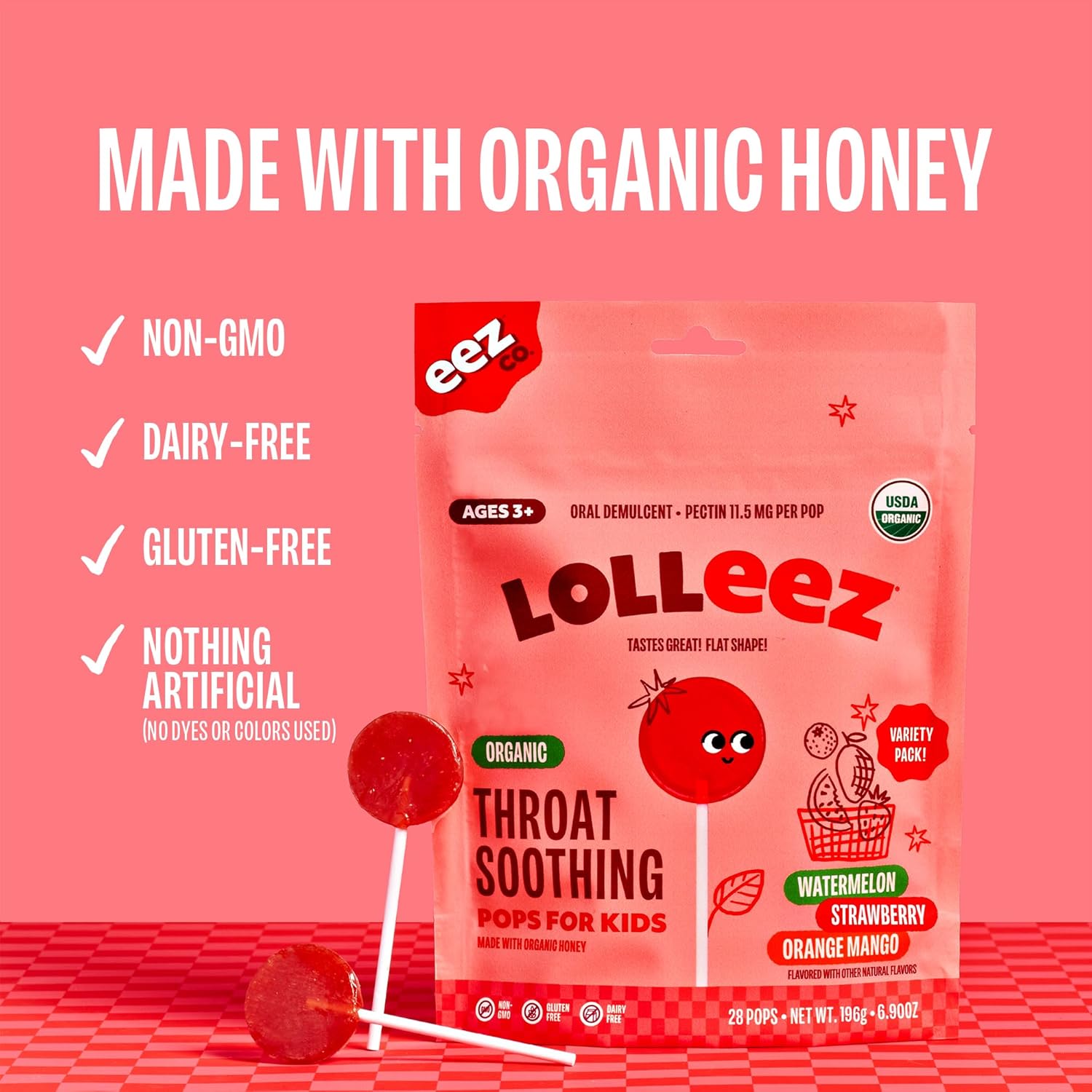 Lolleez Organic Lollipops For Kids Sore Throat Relief, Strawberry Perfect For Soothing A Sore Throat While Tasting Great, Strawberry Flavor, 28 Count : Health & Household
