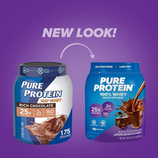 Pure Protein Powder - Whey, High Protein, Low Sugar, Gluten-Free, Chocolate - 1 Lb (Packaging May Vary)