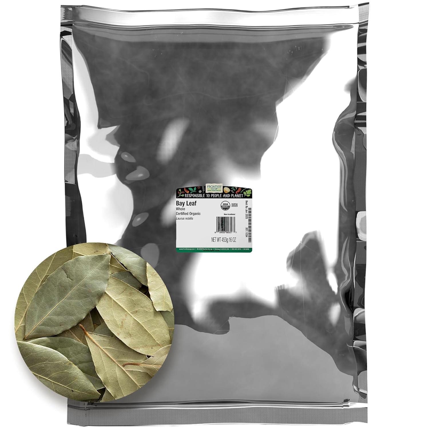 Frontier Co-Op Bay Leaf Whole, Hand Select, Certified Organic, Kosher, Non-Irradiated | 1 Lb. Bulk Bag | Laurus Nobilis L