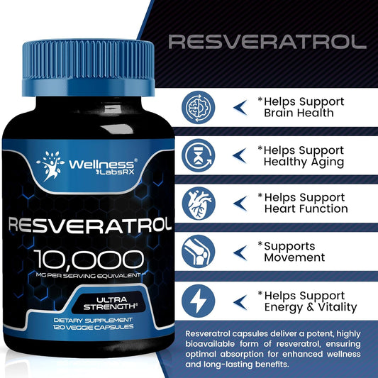 Resveratrol 120 Capsules, Resveratrol Supplement, Resveratrol 1000Mg Polygonum Root, Trans Resveratrol For Healthy Aging, Heart, Brain Health Support - Vegan, Keto