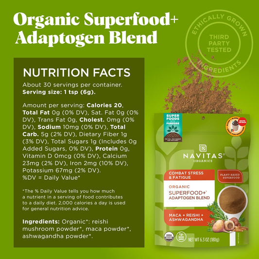 Navitas Organics Superfood+ Adaptogen Blend For Stress Support (Maca + Reishi + Ashwagandha), 6.3Oz Bag, 30 Servings — Organic, Non-Gmo, Vegan, Gluten-Free, Keto & Paleo