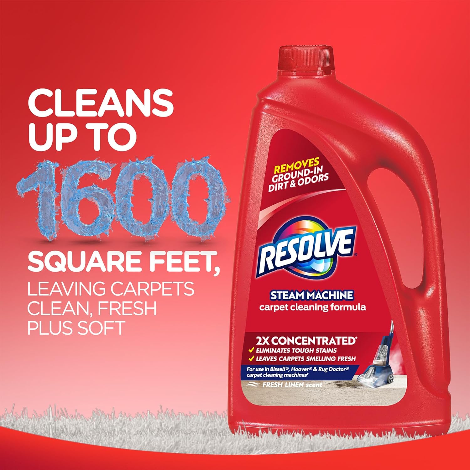 Resolve Steam Carpet Cleaner Solution Shampoo, 60 Fl Oz, 2X Concentrate, Safe For Bissell, Hoover & Rug Doctor, Carpet Cleaner, Carpet Cleaner Solution