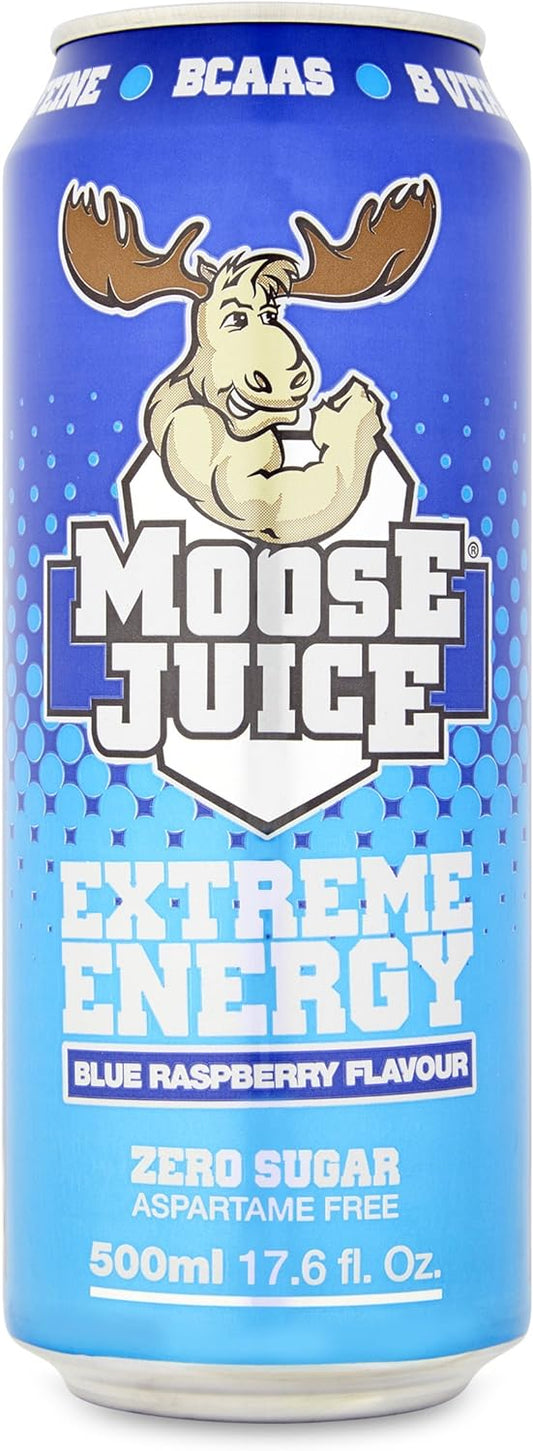 Moose Juice // Clean Energy + BCAA Drink // Only 15 kcal // 200mg Caffeine // Zero Sugar & Aspartame // Vitamins // Blue Raspberry Flavour // 12 x 500ml Cans (Tastes like Slush Puppy)