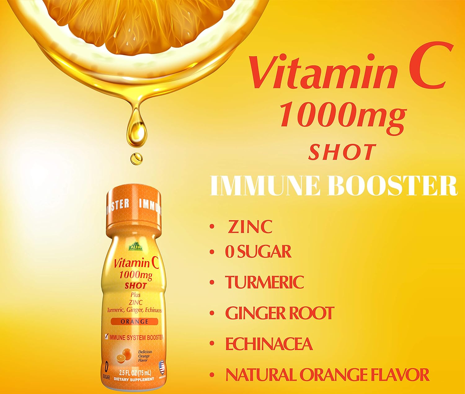 VITAMIN C Shot 1000MG - Immunity booster with Zinc, Turmeric, Ginger, & Echinacea - protect your Immunity - fight the common cold - Orange Flavor - 2.5 FL OZ per Bottle - 20 Pack : Health & Household