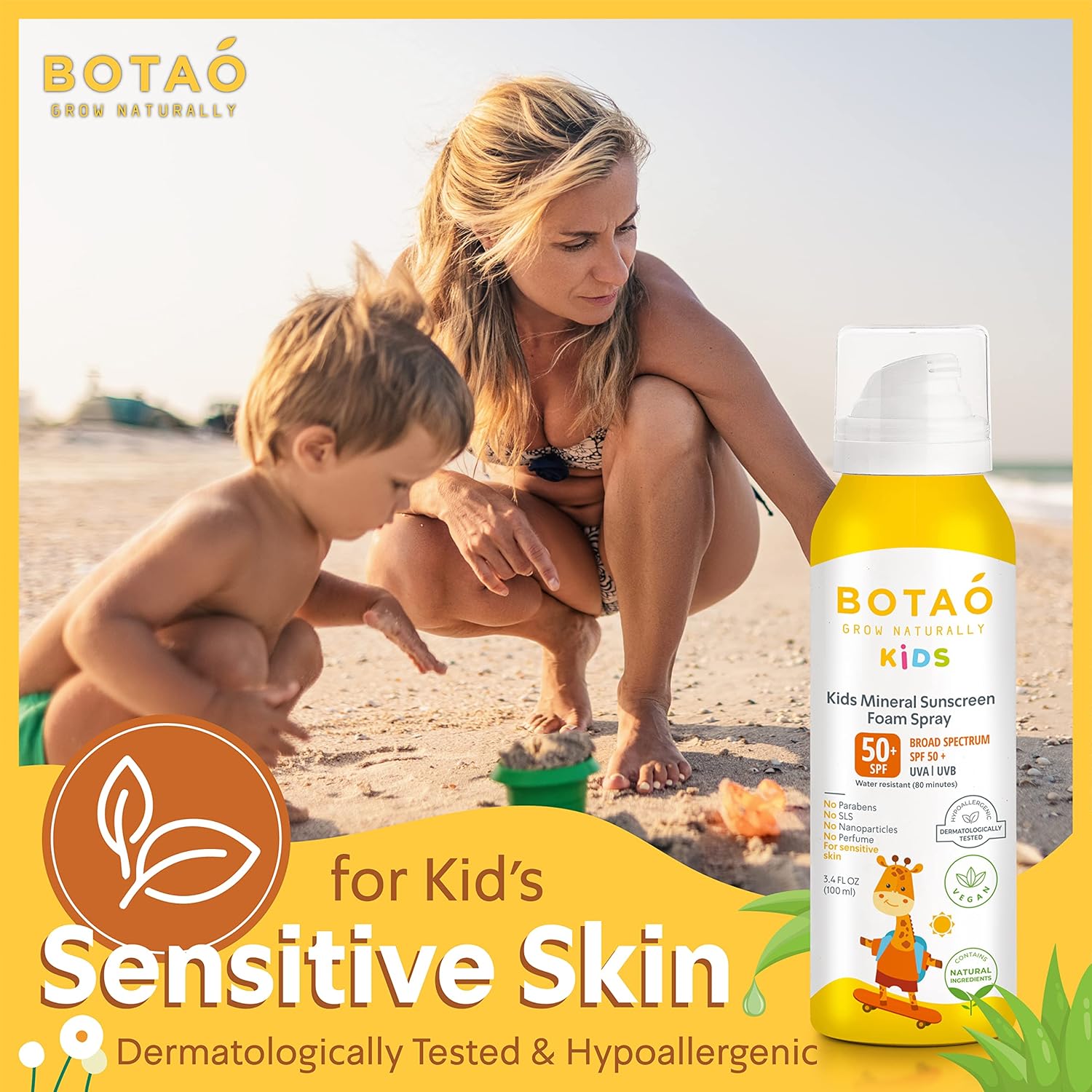 BOTAO Kid’s Mineral Zinc Oxide Sunscreen Foam Spray: SPF50 Broad Spectrum UVA UVB, Children or Kid’s for sensitive skin, Sunburn Protection, Zinc Oxide, 3.4 Oz (1-Pack) : Baby