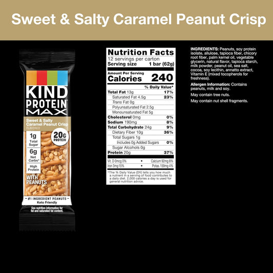 Kind Protein Max Sweet & Salty Caramel Peanut Crisp Snack Bars, Keto Friendly, 20G Protein, 12 Count