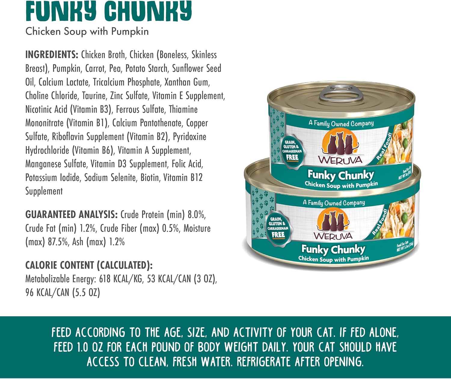 Weruva Classic Cat Food, Funky Chunky Chicken Soup with Pumpkin in Chicken Soup, 3oz Can (Pack of 24) : Canned Wet Pet Food : Pet Supplies