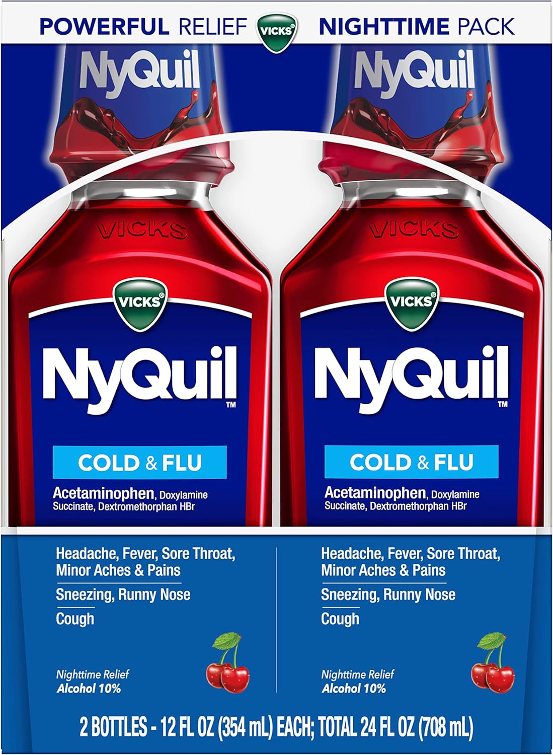 Vicks Nyquil, Nighttime Relief Of Cough, Cold & Flu Relief, Sore Throat, Fever, & Congestion Relief, Cherry Flavor, Twin Pack, 12 Fl Oz