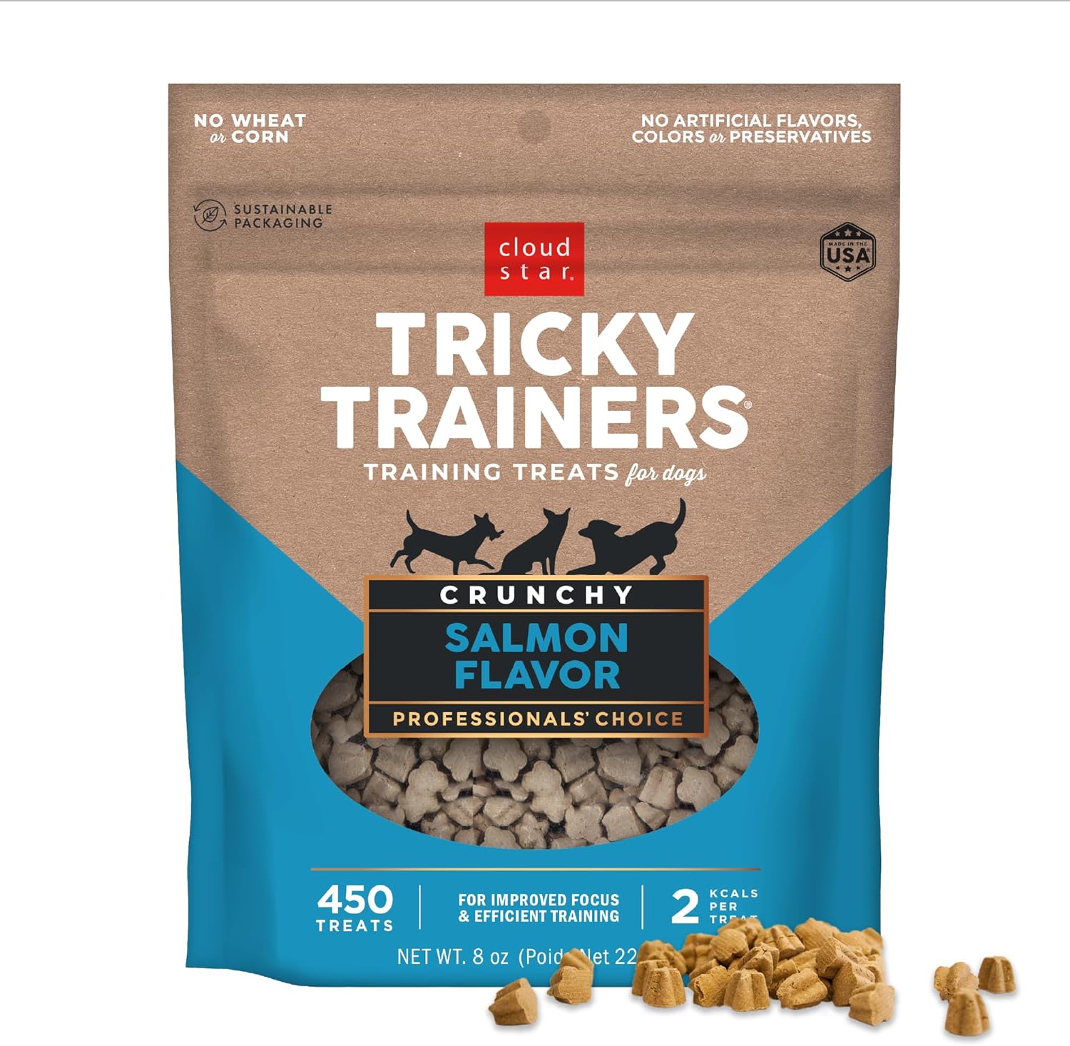 Cloud Star Tricky Trainers Crunchy Dog Training Treats 8 Oz Pouch, Salmon Flavor, Low Calorie Behavior Aid With 450 Treats