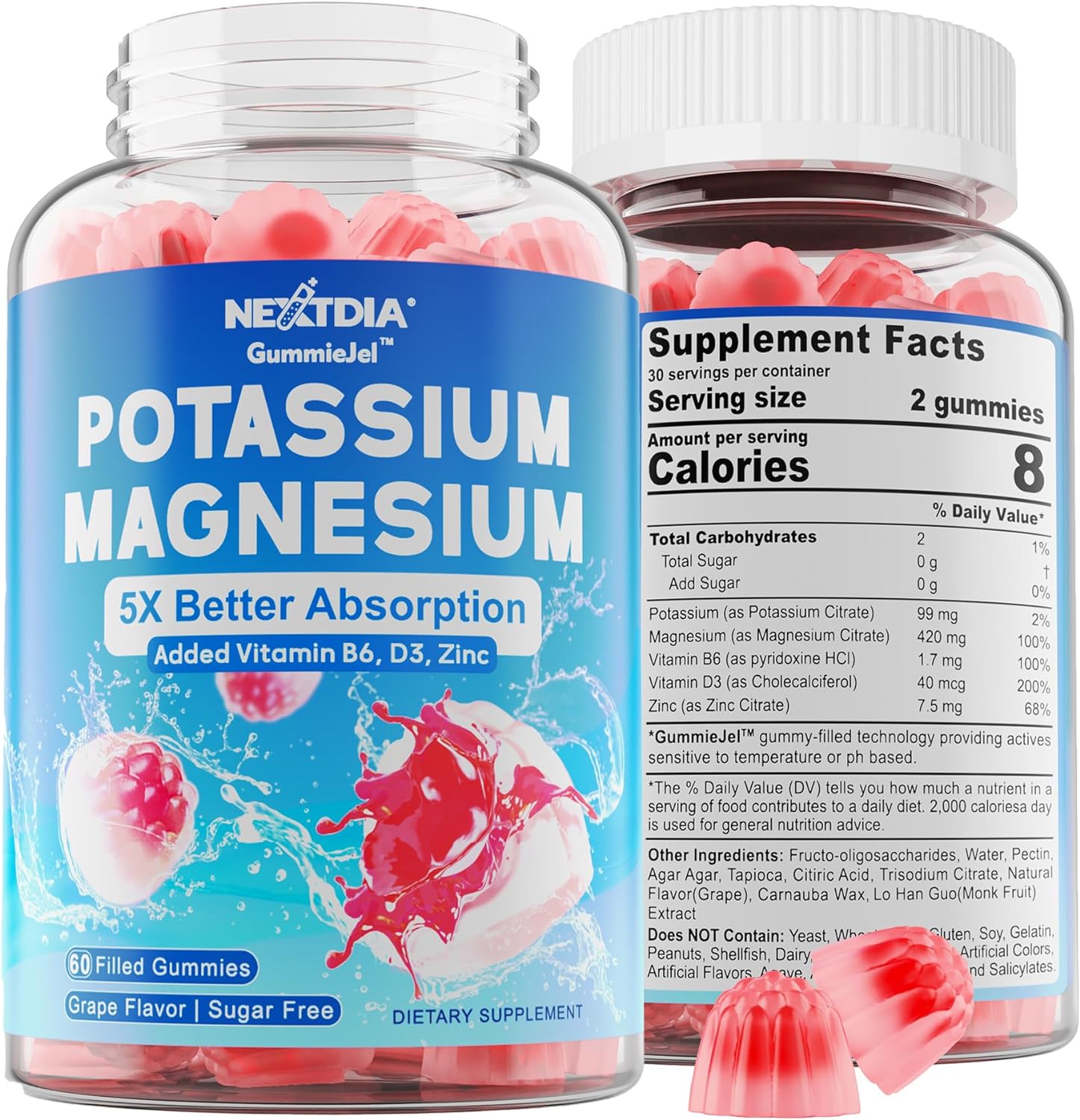 Sugar Free Potassium Magnesium Filled Gummies, 5x Better Absorption, Potassium Citrate 99mg Magnesium Citrate 420mg, D3, B6 & Zinc, for Leg Cramps & Muscle & Immune Health, Vegan, Grape Flavor, 1 Pack