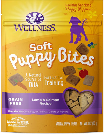 Wellness Soft Puppy Bites Healthy Grain-Free Treats for Training, Dog Treats with Real Meat and DHA, No Artificial Flavors (Lamb & Salmon, 3-Ounce Bag)