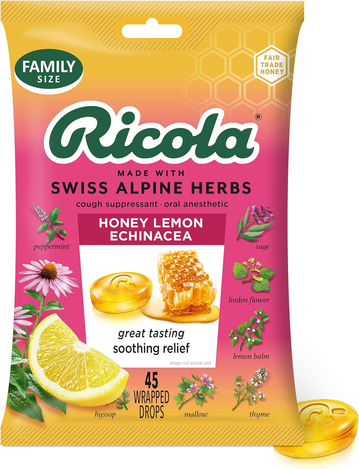 Ricola Honey Lemon with Echinacea Cough Drops, 45 Count