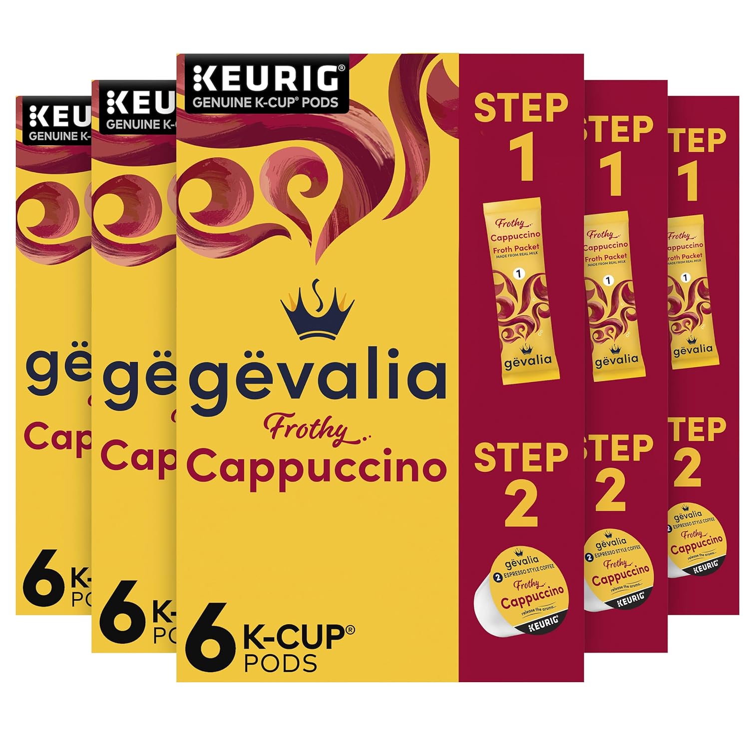 Gevalia Frothy 2-Step Cappuccino Espresso Kâ€ Cup® Coffee Pods & Froth Packets Kit (36 ct Pack, 6 Boxes of 6 Pods with Packets)