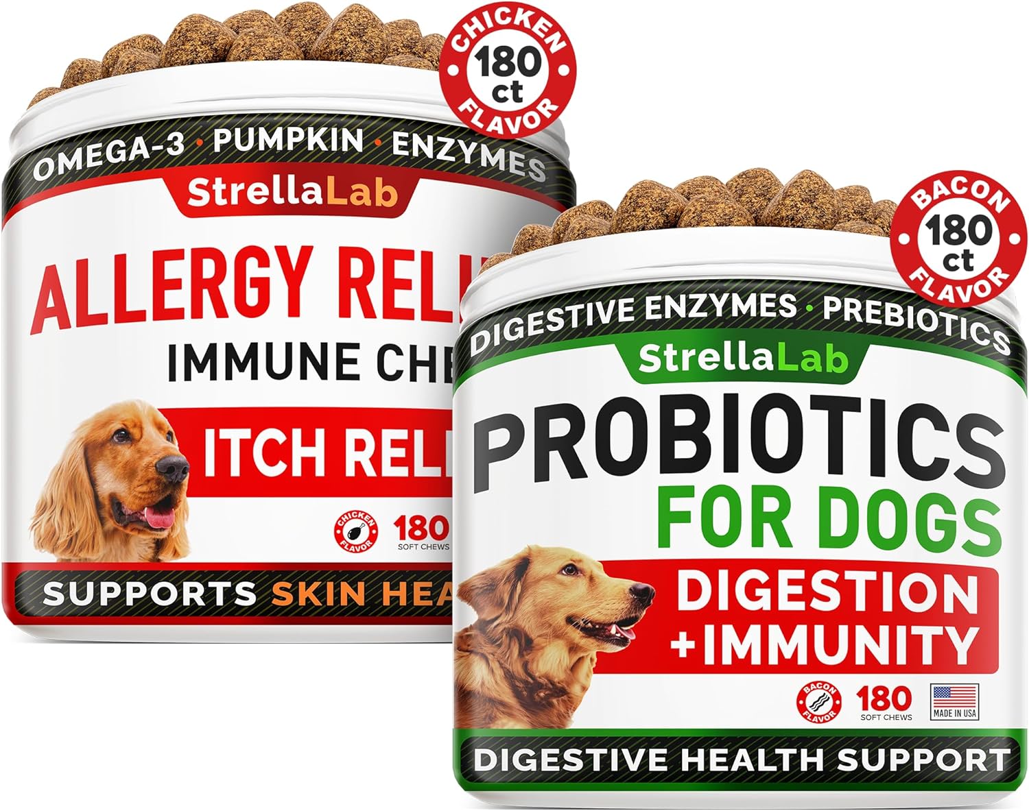 Allergy Relief + Probiotics Dogs Bundle - Itchy Skin Treatment + Digestive Enzymes - Omega 3 & Pumpkin + Prebiotics - Dogs Itching & Licking Treats + Improve Digestion - 360 Chews - Made In Usa