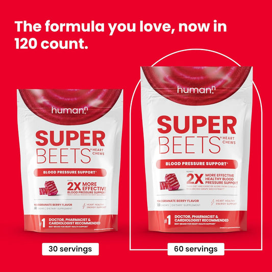 Humann Superbeets Heart Chews - Nitric Oxide Production And Blood Pressure Support - Grape Seed Extract & Non-Gmo Beet Energy Chews - Pomegranate Berry Flavor - 120 Count