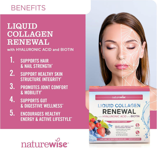 Naturewise Liquid Collagen For Women & Men 4000Mg, Collagen Peptides With Biotin For Hair, Skin And Nails + Vitamin C + Vitamin B Complex - Collagen Type 1 & 3 - Low Sugar - Mixed Berry - 10 Tubes