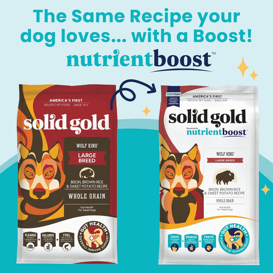 Solid Gold Nutrientboost Wolf King Large Breed Dog Food - Whole Grain Dry Dog Food Kibble Made with Real Bison, Brown Rice & Sweet Potato - Omega 3, Superfood & Digestive Probiotics - 11 LB Bag