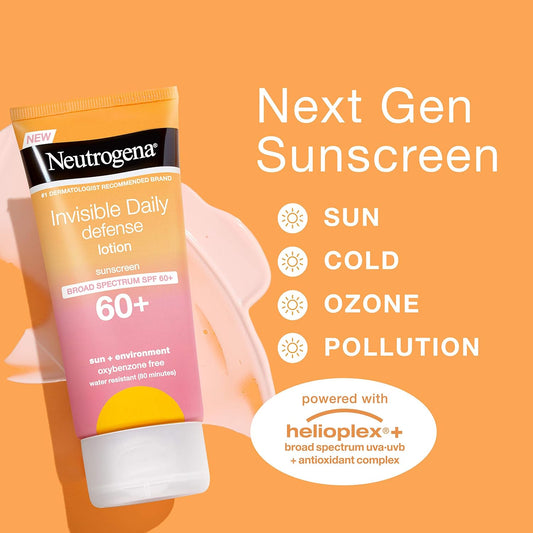 Neutrogena Invisible Daily Sunscreen Lotion, Broad Spectrum SPF 60+, Oxybenzone-Free & Water-Resistant, Sun or Environmental Aggressor Protection, Antioxidant