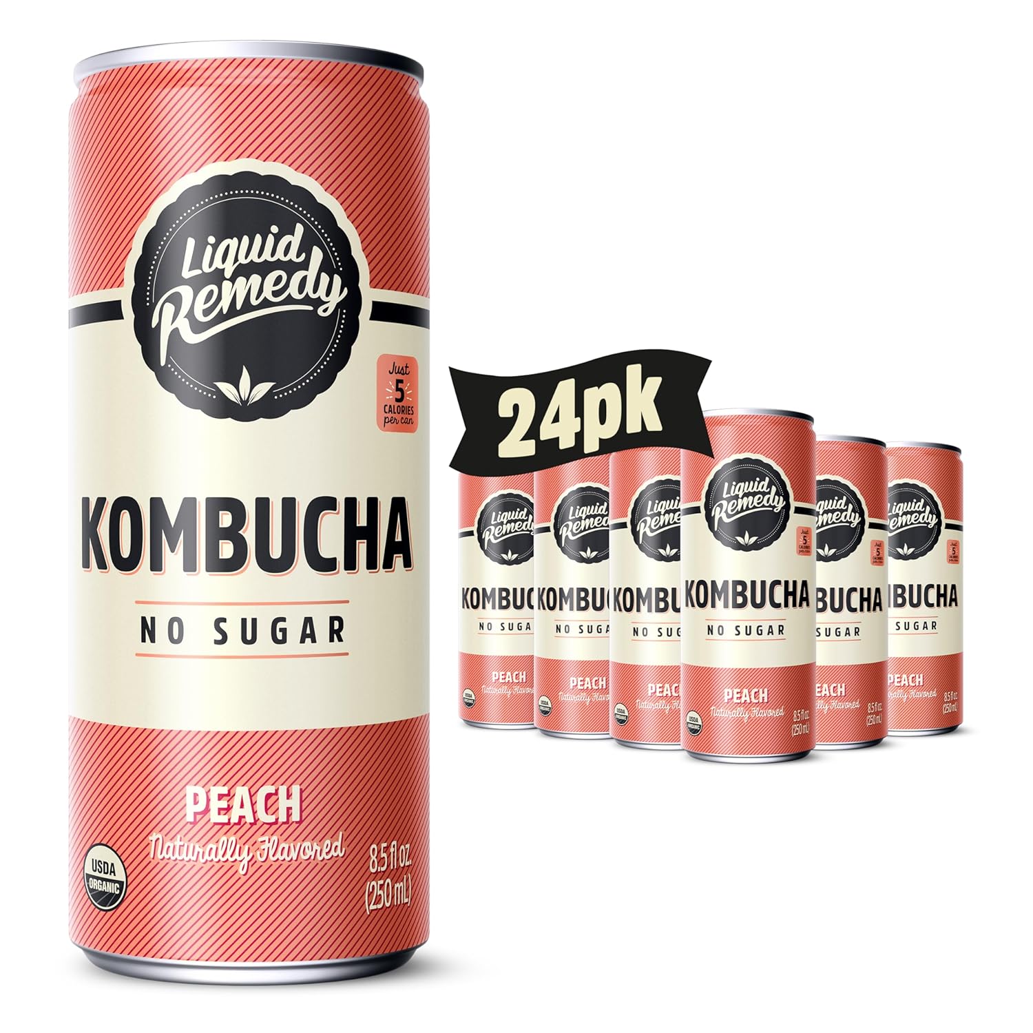 Liquid Remedy Kombucha Sugar Free Organic Drink, Low Calorie, Probiotic Like Tea For Gut Health - Peach - 8.5 Fl Oz Can, 24-Pack