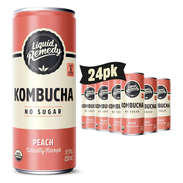 Liquid Remedy Kombucha Sugar Free Organic Drink, Low Calorie, Probiotic Like Tea For Gut Health - Peach - 8.5 Fl Oz Can, 24-Pack