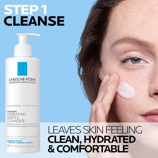 La Roche-Posay Toleriane Hydrating Gentle Face Cleanser | Hydrating Facial Cleanser With Niacinamide + Ceramides | Daily Face Wash For Dry Skin To Normal Skin | Sensitive Skin Tested | Fragrance Free