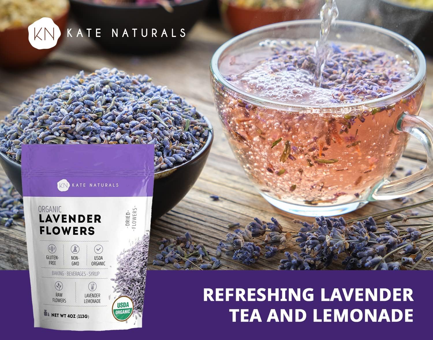 Dried Lavender Flowers for Tea and Soap Making (4oz) - Kate Naturals. USDA Organic Dried Flowers From Lavender Plant for Lavender Tea & Lemonade. Culinary Lavender and Edible Lavender Buds. : Grocery & Gourmet Food