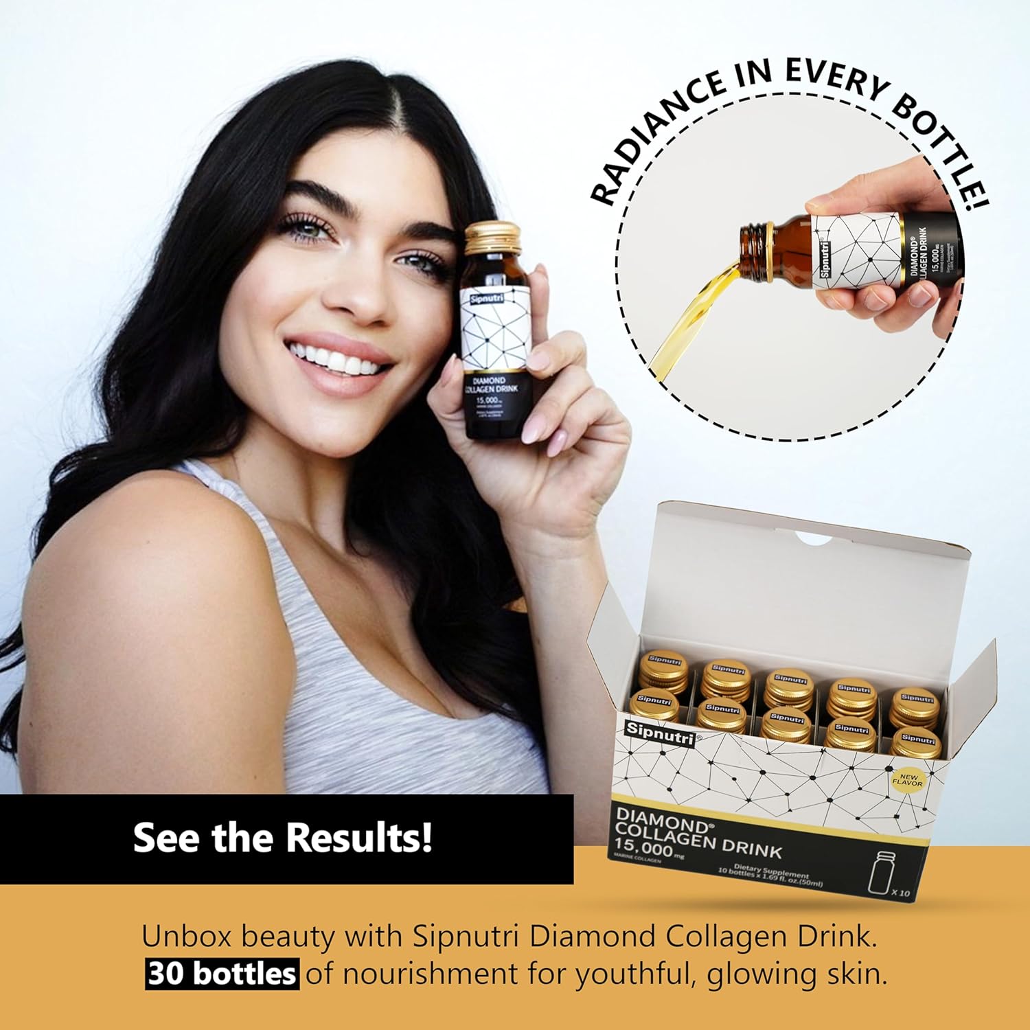 Sipnutri Diamond Liquid Collagen Drink, 15000 Mg Hydrolyzed Marine Collagen Peptides With Vitamin C, Pomegranate, Healthy Hair Skin Nails Joints Bones Support, 50 Ml X 10 Bottles (3 Boxes) : Health & Household