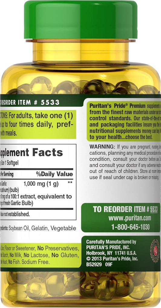 Puritan'S Pride Odorless Garlic 1000 Mg Rapid Release Softgels, 250Count