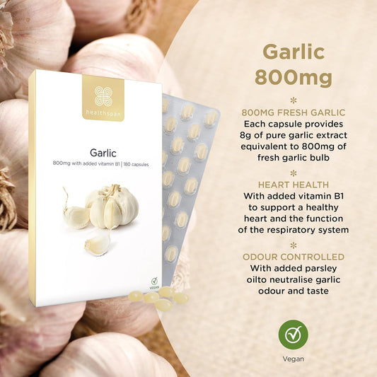 Healthspan Garlic 800Mg (3 Months' Supply) | For A Healthy Heart & Respiratory System | Maintains Normal Cholesterol Levels | Added Vitamin B1 | Easy To Swallow Capsules & Odour Controlled | Vegan