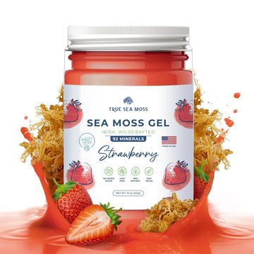 TrueSeaMoss Wildcrafted Irish Sea Moss Gel - Made with Dried Seaweed - Seamoss, Vegan-Friendly, Antioxidant Supports Thyroid & Digestion - Made in USA (Strawberry, Pack of 1)