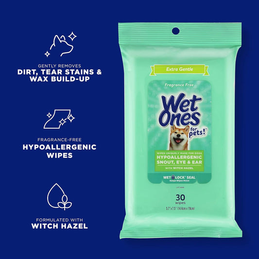 Wet Ones for Pets Extra Gentle Dog Wipes with Witch Hazel for Snout, Eye, Ear, 30 ct - 8 Pack | Fragrance-Free Dog Wipes for All Dogs Wipes with Wet Lock Seal